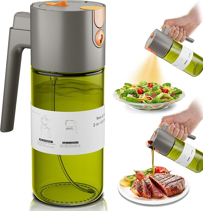 Olive Oil Sprayer & Dispenser Bottle for Cooking 17oz Dark Glass Oil Mister | 2-in-1 Sprayer & Pourer, Leakproof, Fine mist, Light-Blocking, Wide Mouth for Easy Refill & Clean, 8 Oil Labels, Reusable