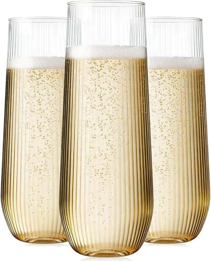 24 Pack Plastic Champagne Flutes, 9 Oz Disposable Wine Mimosa Glasses | Ribbed Stemless Champagne Flutes Cocktail Glasses, Plastic Cups for Bridal Shower Bachelorette Party Mimosa Bar
