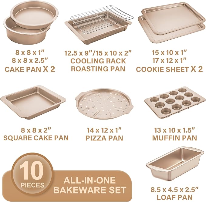 Bakeware Sets, Baking Pans Set, Nonstick Oven Pan for Kitchen with Wider Grips, 10-Piece Including Rack, Cookie Sheet, Cake Pans, Loaf Pan, Muffin Pan, Pizza Pan - Champagne Gold