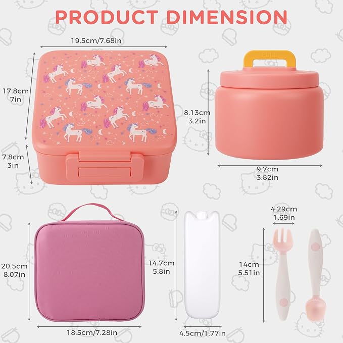 MAISON HUIS Bento Lunch Box with 8oz Soup Thermo, 5-Compartment Leak-Proof Container, Thermo Hot Food Jar and Insulated Lunch Bag, BPA Free,Travel, School (Pink Horse)