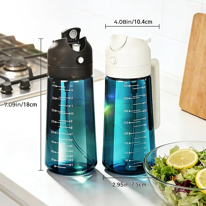 Glass Olive Oil Sprayer for Cooking (16oz/470ml), 2 in 1 Olive Oil Dispenser Bottle for Kitchen Gadgets and Air Fryer Accessories, Salad, BBQ (2-Pack, Blue White)