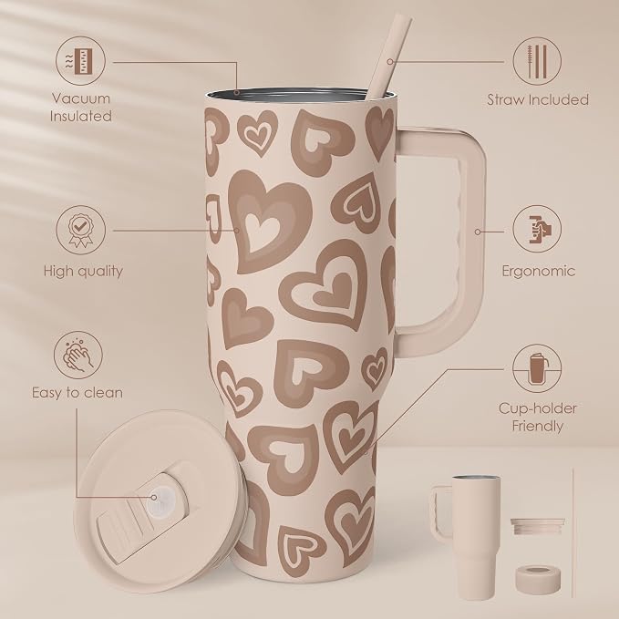 SANDJEST Heart Tumbler with Handle and Straw 40oz – Stainless Sleel Slider Tumbler Travel Coffee Mug for Women - Gift Idea for Birthday Christmas Valentine's Day