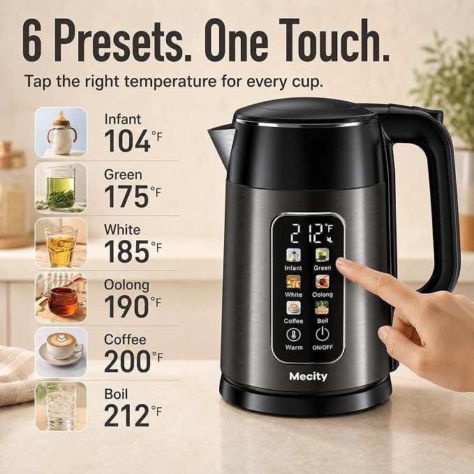 Mecity Electric Kettle 1.7L Touch Screen Temperature Control Water Boiler, No Plastic Contact with Water. 6 Preset Temperature Programs, 2 Hours Keep Warm, Auto Shut Off, Dark Grey