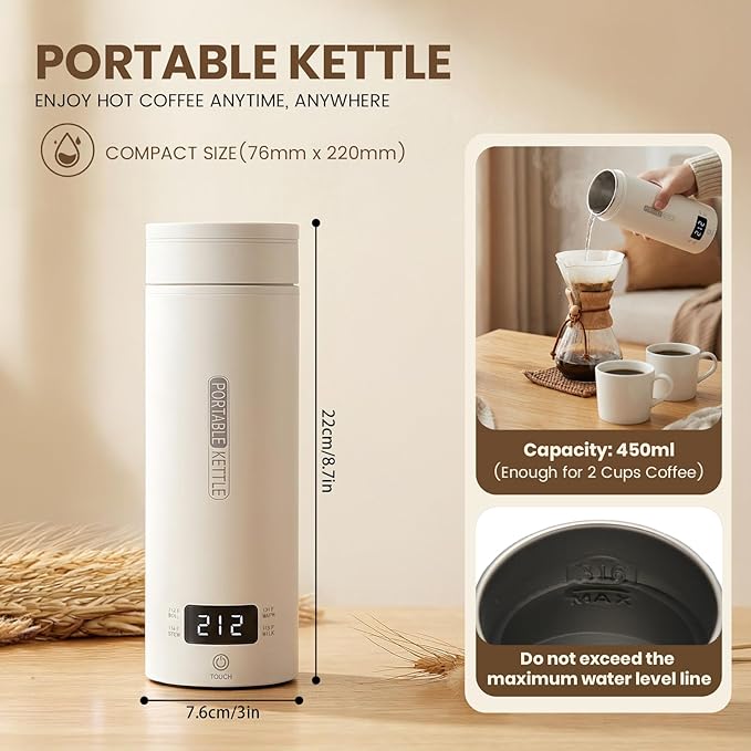 Travel Tea Kettle（120V）, Portable Electric Kettle, 316 Stainless Steel Premium Liner, 4-speed Temperature Adjustment with Auto Shut-off and Boil-Off Protection,White.