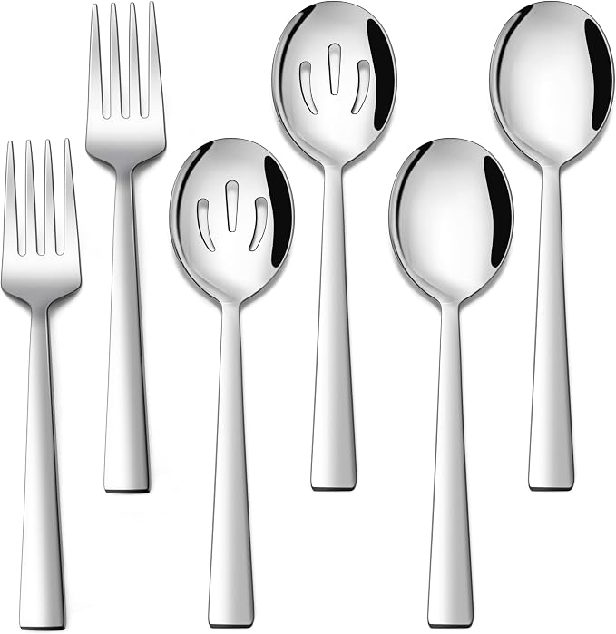 E-far Serving Utensils Set of 6, Stainless Steel Large Serveware Set | 2 Serving Spoons 2 Slotted Spoons 2 Forks for Buffet Parties Catering, Square Handle, Mirror Polished & Dishwasher Safe