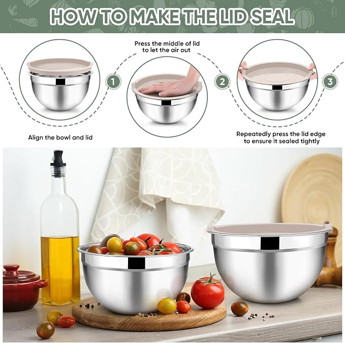 TeamFar Mixing Bowls Set of 5, Stainless Steel Metal Salad Bowls with Lids | 4.5/3/1.5/1/0.7 QT, Nesting Bowls, Ideal for Mixing Prepping Serving, Non-Toxic & Sturdy, Airtight Lid & Easy Clean, Khaki