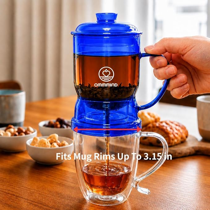 Glass Tea Infuser, Easy Drain for Loose Leaf, 15.2 oz, Ocean Blue | Fits rims under 3.15 in; set on mug to drain, lift to stop, helps limit bitterness. Dishwasher safe, tea bags, herbs, coffee