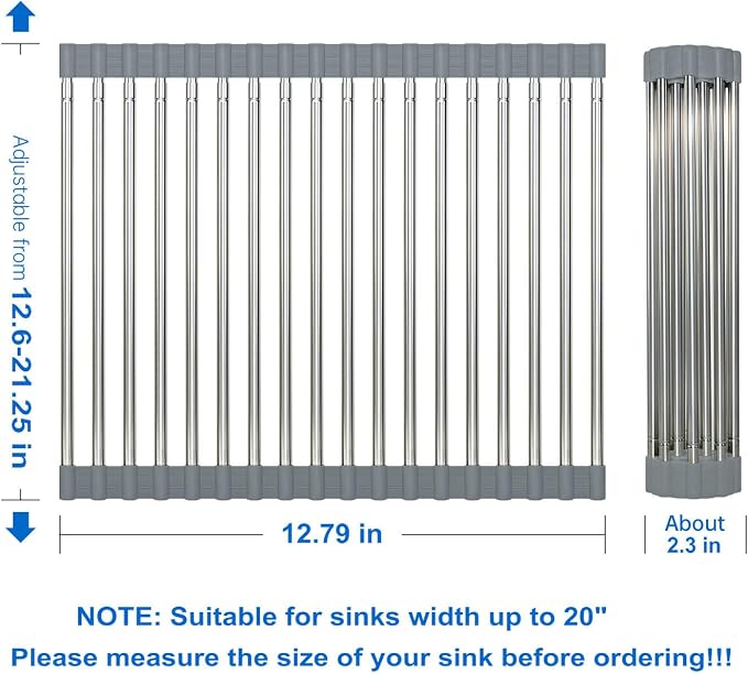 CHIRISEN Expandable Large Roll Up Dish Drying Rack 18 Tube 21.25x12.79''Collapsible Over The Sink Rack Non-Slip Silicone Rolling Dish Drainer Stainless Steel Roll Rack for Kitchen Sink Counter (Gray)