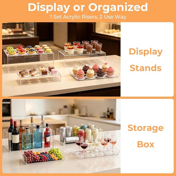 Buffet Risers, 4PCS Clear Acrylic Food Risers for Party Table, Rectangle Dessert Display Stands with Hollow Box for Drink Catering Supply, Scalloped Acrylic Tray for Cupcake Fruits