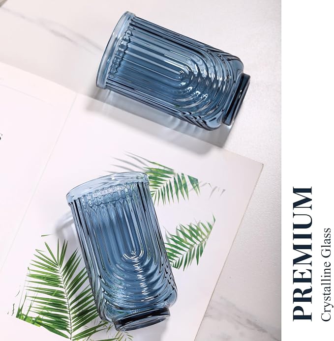 Blue Vintage Drinking Glasses Set of 6-17oz Hand-Blown Highball Ribbed Glassware, Arch Design Cocktail Glasses for Whiskey Water Beverages Ice Coffee Juice Milk