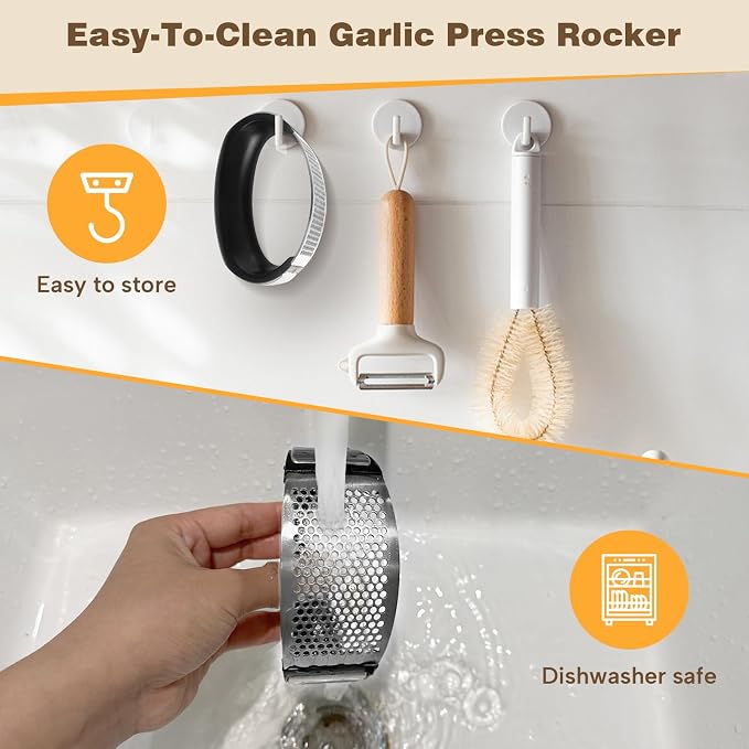 Cook Guy 304 Stainless Steel Garlic Press Rocker Set | Premium Garlic Mincer, Crusher, Peeler and Scraper Tool for Effortless Mincing - Comfortable Grip Garlic Grinder (Silver)