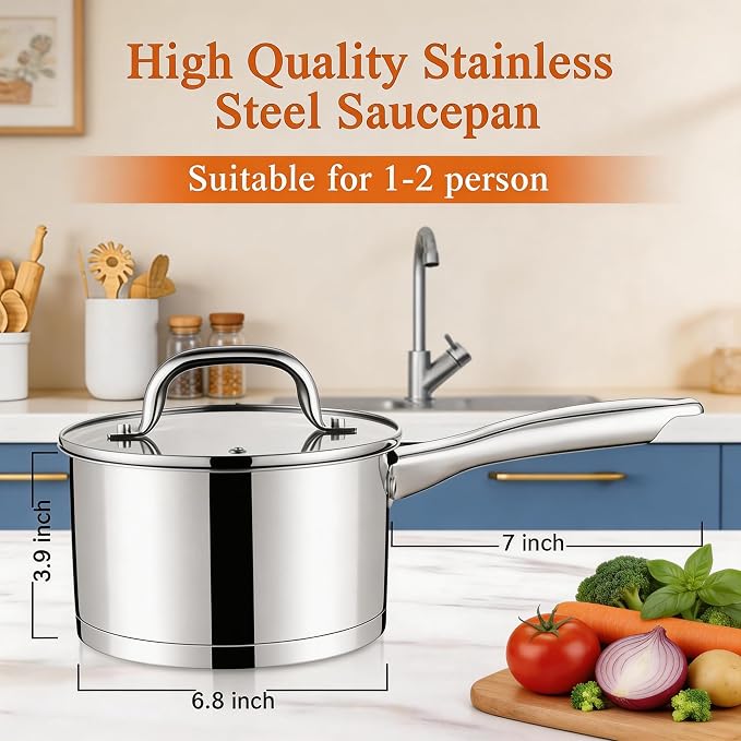 LIANYU Stainless Steel Saucepan with Lid, 2 Quart Sauce Pan Cooking Pot | Small Tri-Ply Bottom Multipurpose Sauce Pot, Dishwasher Safe, Compatible with All Stovetops
