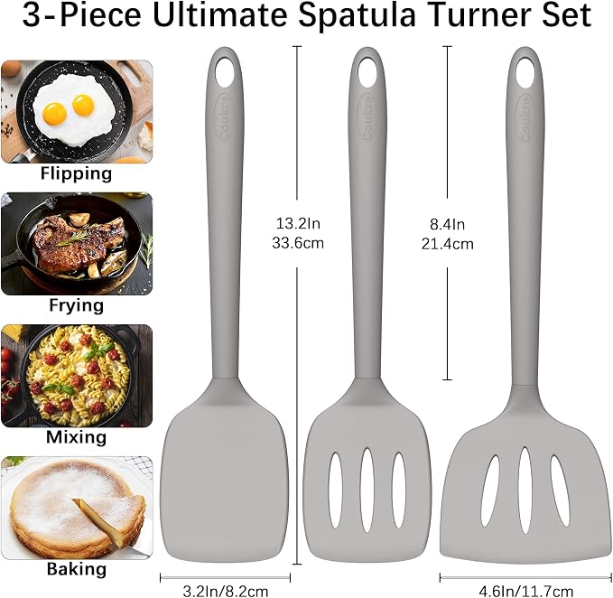 Coukre 3 Pack Silicone Spatula Set, Heat Resistant to 500°F, BPA-Free | Fish Spatula, Solid & Slotted Turners, Dishwasher Safe, Spatula Set for Eggs, Pancakes, Fish & Burgers, PureGray