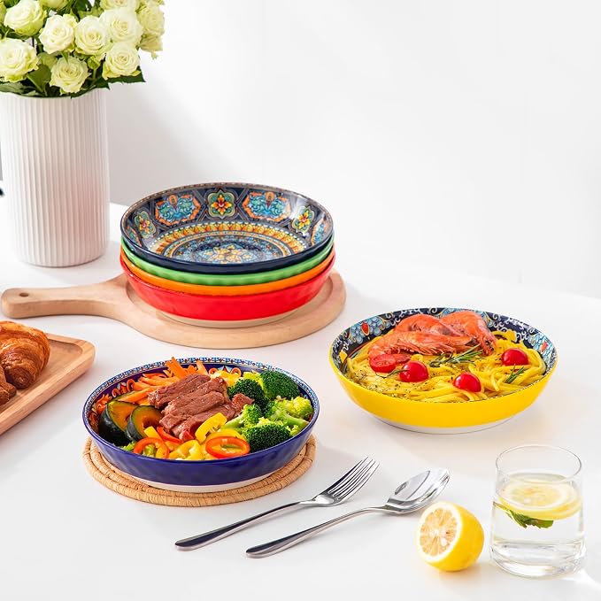 vancasso 32 Oz Pasta Bowls, Porcelain Large Colorful Salad Soup Bowls Set of 6, Pasta Serving Bowls Plates for Kitchen, Dishwasher & Microwave Safe, Series KRVI