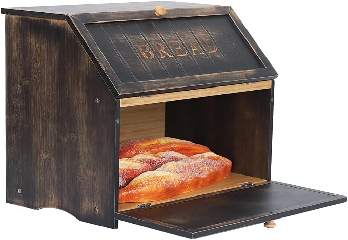 HOMEKOKO Vintage Double Layer Large Bread Box, Wood Bread Storage Bin,Black | Keeps Bread Fresh 3-4 Days, 2-Tier Capacity Fits 2+ Loaves,Suitable For Farmhouse/Rustic Kitchens Use, Retro Design