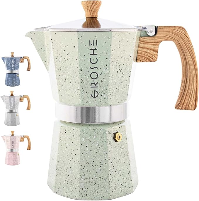 GROSCHE Milano Moka pot, Stovetop Espresso maker, Greca Coffee Maker, Stovetop coffee maker and espresso maker percolator (Mint, 9 cup) | Cuban Coffee Maker And Italian Moka Pot For Stovetop Espresso; For Gas, Electric, And Propane Stoves With A Soft-T...