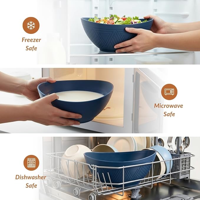 Wheat Straw Bowl Set of 6-60 OZ Large Salad Bowls,Microwave and Dishwasher Safe Bowl Set, Alternative for Plastic Bowls for Serving Soup,Popcorn Bowl for Kitchen - Blue
