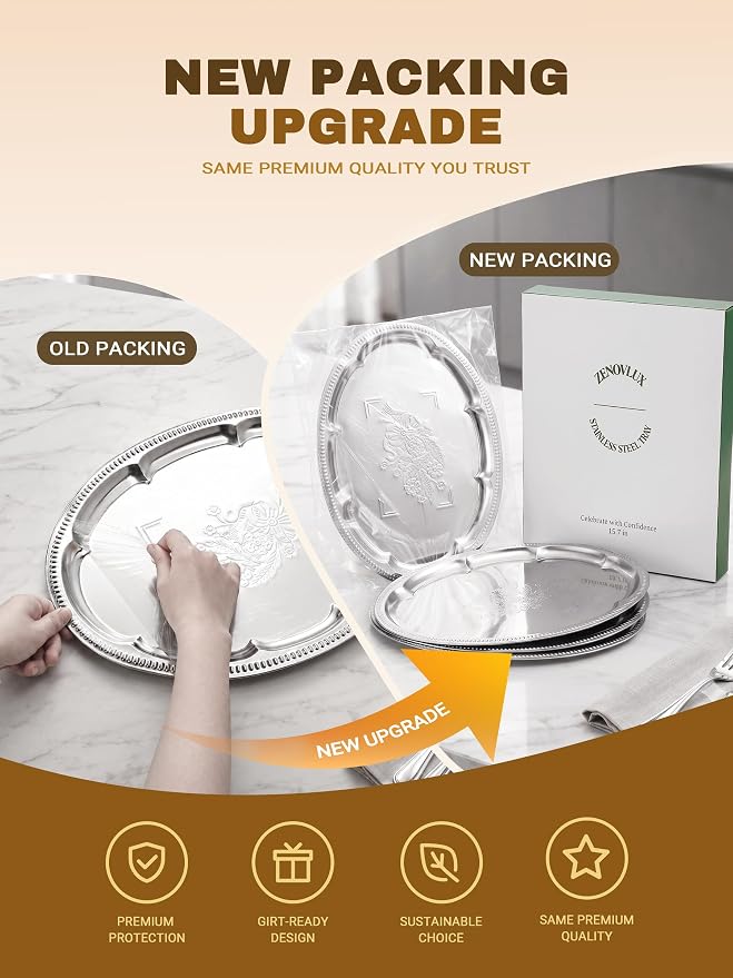 4-Pack 15.7" x 11.8" Silver Serving Trays for Party Set - Lightweight Oval Floral Engraved Silver Platter, Stainless Steel Wedding Vintage Tray for Food, Charcuterie, Cookie, Desserts