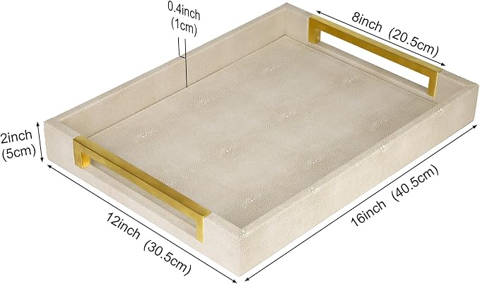 HofferRuffer Faux Leather Serving Tray with Gold Metal Handles, Stylish Decorative Tray Organizer for Coffee Table, Ottoman, Home Decor and Serving (LightGrey Shagreen, 16.2" x 12.2" x 2")