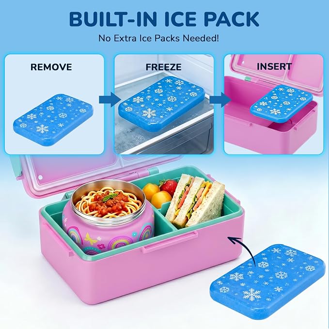Bento Lunch Box for Kids–12oz Insulated Stainless Steel Soup Jar and Built-in Ice Pack, 3-Compartment Leak-Proof Kids Bento Box for Girls Boys School Travel