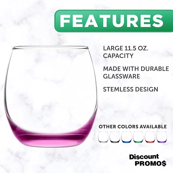 DISCOUNT PROMOS Mikonos Stemless Wine Glasses 11.5 oz. Set of 10, Bulk Pack - Restaurant Glassware, Perfect for Red Wine, White Wine, Cocktails - Pink Bottom Color