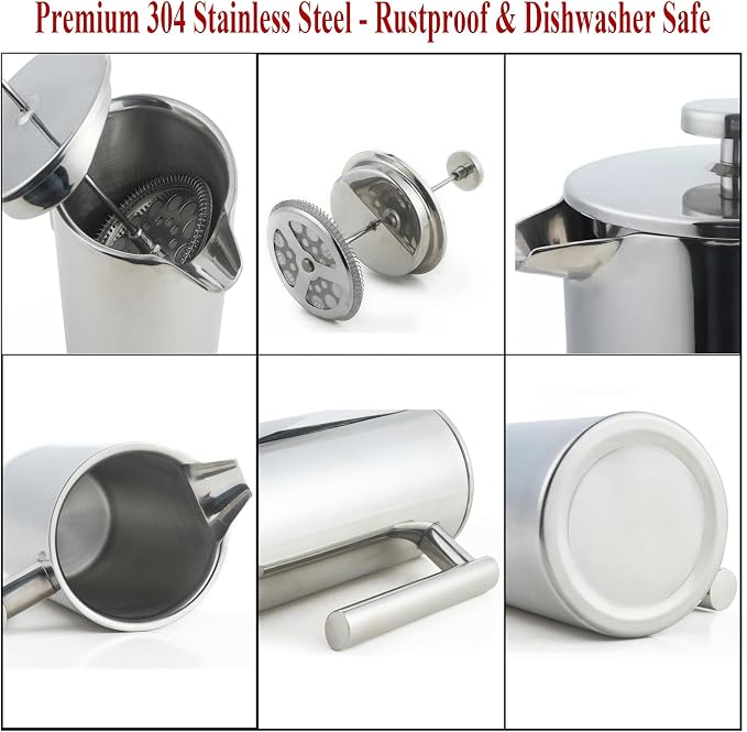 Stainless Steel French Press Coffee Maker - Portable Cafetiere 3 Cup Espresso Coffee Press - Double Wall Insulated, Triple Mesh Filter - Perfect for Home, Office, Camping & Travel (20 Oz)