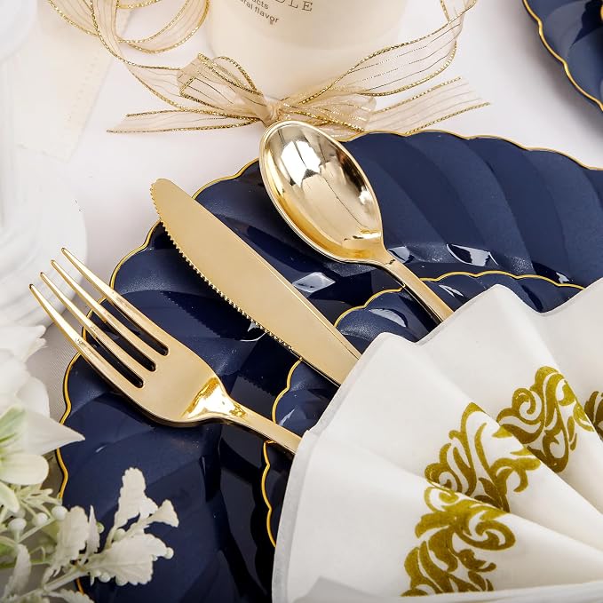 YOUBET 150PCS Blue Plastic Plates for Wedding Birthday Parties | Heavy Duty Navy Blue Disposable Plates include 50 Plates, 75 Silverware, 25 Napkins