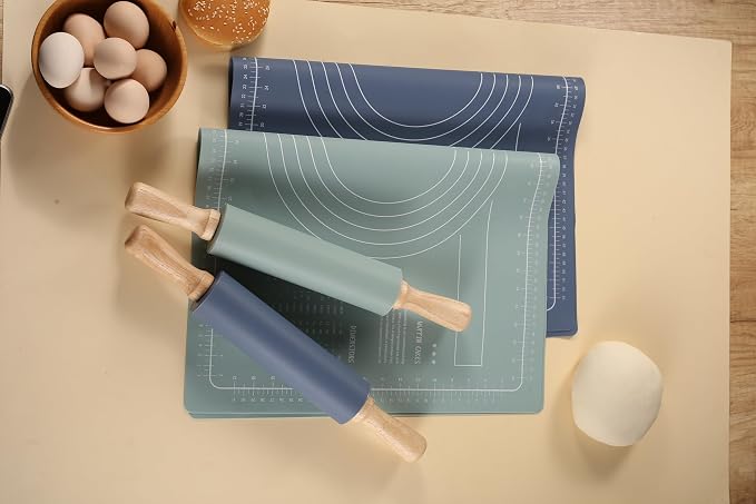 Premium Silicone Baking Mat with Rolling Pin - Non-Stick Silicone Mats for Baking, Reusable & Food Grade- Pastry Dough Mat with Measurement Non-Stick For Dough Rolling