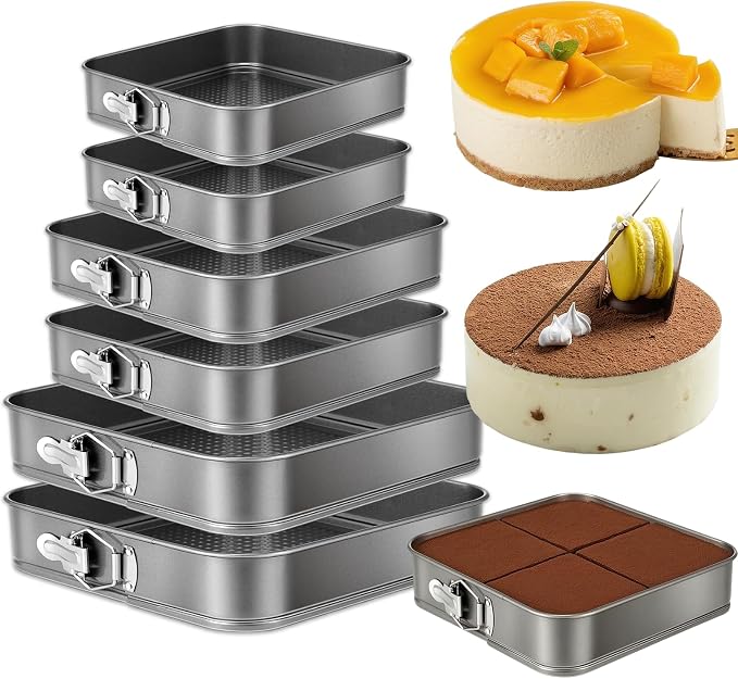 Springform Cake Pan Set of 6 (9.5, 10.2, 11 Inch 3 Sizes), Square, Nonstick | Leakproof Cheesecake Pans with Removable Bottom Carbon Steel Bakeware for Cheesecake Wedding Cake Pizza and Quiches