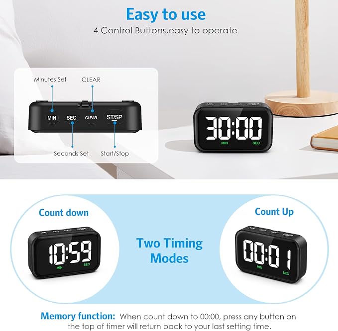 Digital Kitchen Timer, Large LED Display Count Up Countdown | Magnetic Classroom Timer, 3 Volume Levels, Visual Timer for Cooking/Office/Kids/Work/Study, Black (Battery Included)