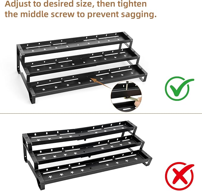 Expandable Spice Rack Organizer for Cabinet 3 Tier Spicy Shelf Black 2Pack | Adjustable Length 13"-21", Easy to See Labels, Sturdy Metal, Slip-Resistant Guardrails for Jars, Cabinet & Countertop Storage