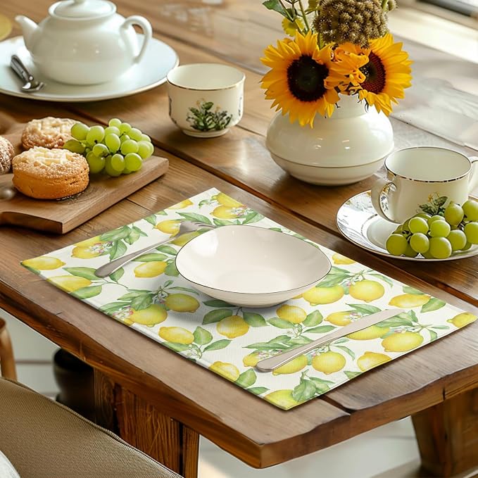 Lemon Placemats Set of 4 Summer Yellow Fruit Green Leaf Floral Linen Table Mat Rustic Farmhouse Spring Heat Resistant Non Slip Washable Place Mats for Dining Kitchen Party Decor