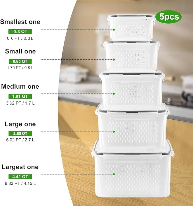 5 PCS Large Fruit storage Containers for Fridge ,Food Storage Containers | with Removable Colander Leakproof Dishwasher & Microwave safe Produce Containers Keep Fruits Vegetables Berry Fresh longer