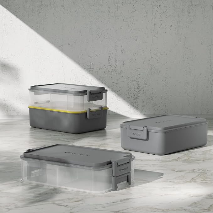 Stackable 2-Tier Adult Bento Box, 4 Compartments - Ultimate Gray | leakproof sauce cups, utensil set included, microwave & dishwasher safe, 7 colors available, ideal for work/school/picnic