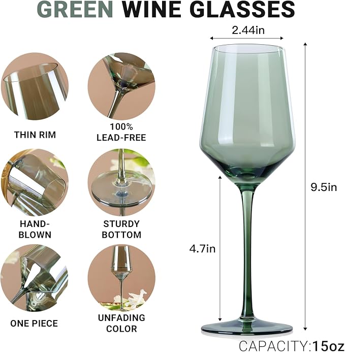 comfit Green Wine Glasses Set of 6-15 oz Hand-blown Crystal Long Stem Wine Glasses - Green Glassware, Mother's Day, Wedding, Birthday Gifts