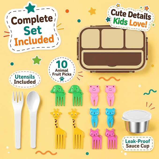 Stainless Steel Bento Lunch Box for Kids Adult, Metal Lunch Box Containers for Boys Girls School, 4 Compartment Leak Proof Lunch Containers with Sauce Cup, Fork and Spoon & Fruit Picks, Brown