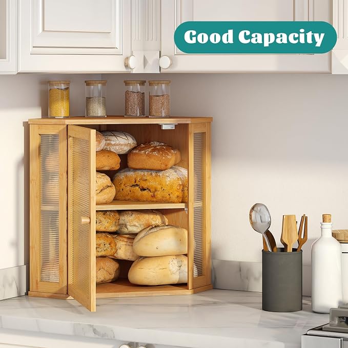 Corner Bread Box, Large Bamboo Bread Box for Kitchen Countertop, 2 Tier Wooden Bread Storage (Natural, Large)