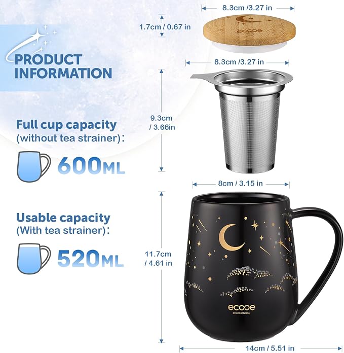 ecooe Tea Infuser Mug 20.3oz Ceramic Tea Cup with Removable Stainless Steel Infuser and Lid, 600ml Tea Mug for Loose Leaf Tea Coffee Milk, Gifts for Women Parents Friends Office Home (Black) | 600ML Large Capacity, with Stainless Steel Infuser/Lid, for...