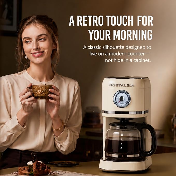 Nostalgia Classic Retro 10 Cup Coffee Maker - One-Touch Drip Brew, Reusable Filter - Anti-Drip, Auto Shutoff, & Time Display - Dishwasher Safe 50 oz Carafe - Cream