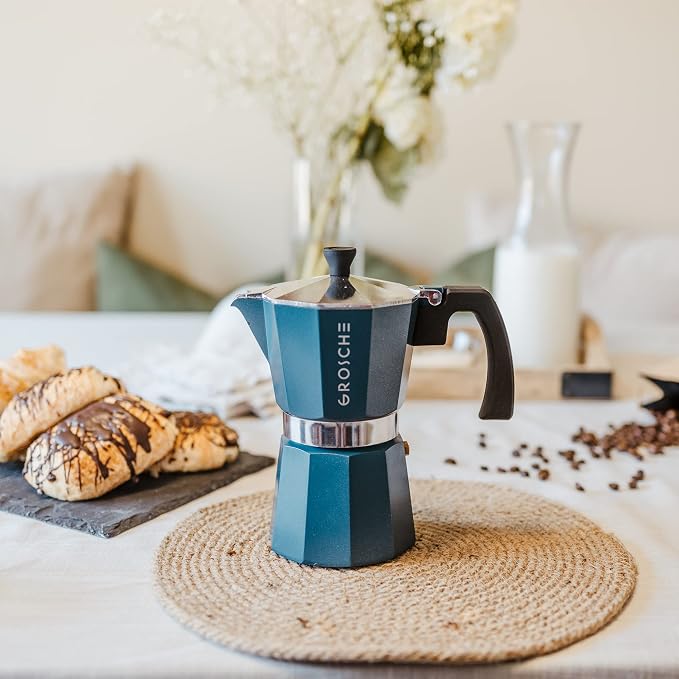 GROSCHE Milano Stovetop Espresso Maker Moka Pot 6 espresso Cup, 9.3 oz Blue | Cuban Coffee Maker And Italian Moka Pot For Stovetop Espresso; For Gas, Electric, And Propane Stoves With A Soft-Touch Handle