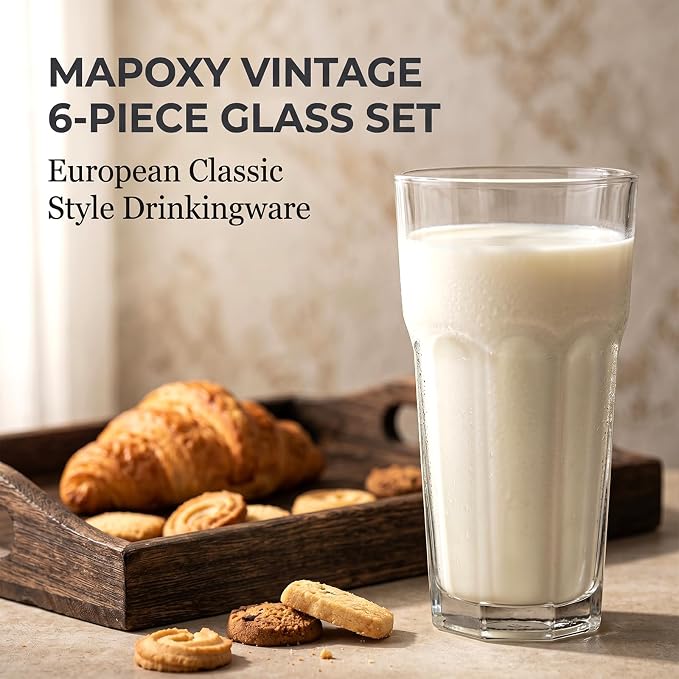 Mapoxy 16oz Highball Glasses Set of 6, Thick Lead-Free Glass Tumblers | Clear Drinking Glasses with Heavy Base for Water, Juice, Beer, Cocktails, Dishwasher Safe Bar Glassware, Ideal Gifts