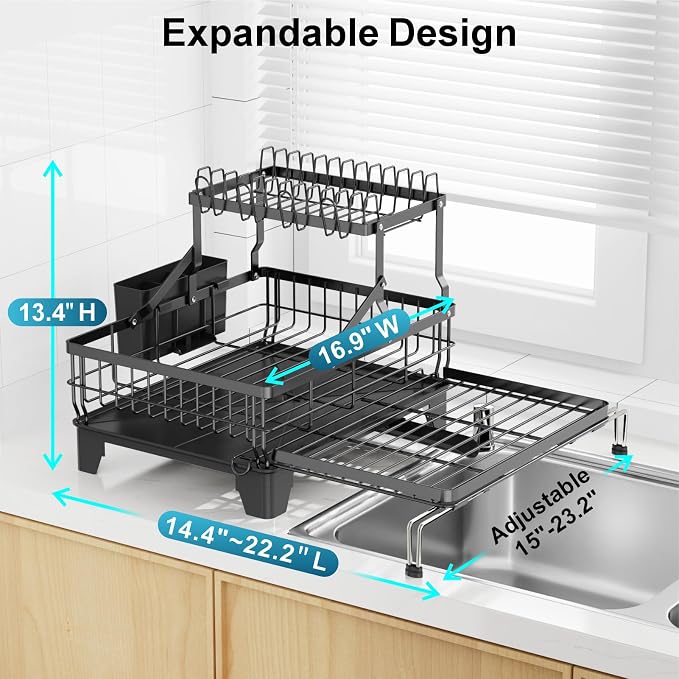 Large 2 Tier Dish Drying Rack - Expandable Over Sink & Counter Use | Extendable Drying Space, Auto-Drain Spout, Stable Screw-Fixed Frame, Cup & Utensil Holder, Rust-Resistant Kitchen Rack, Black