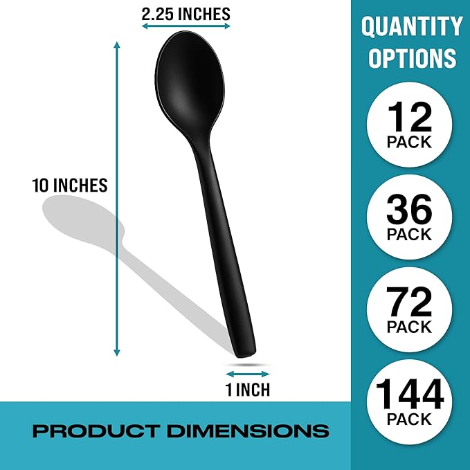 10" Black Plastic Serving Spoons for Buffet, 12 Pack | Heavy-Duty Disposable Plastic Serving Utensils for Catering, Buffets, Parties, Weddings, and Events