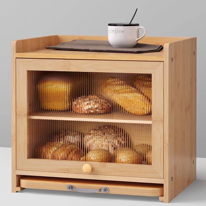 Bamboo Bread Box, Double Layer, Cutting Board, Kitchen, Natural | See-Inside Acrylic, Magnetic Closure, Countertop Bread, Fruit, Tea, Coffee Storage, Rear Vents Stay Fresh, Adjustable Shelf