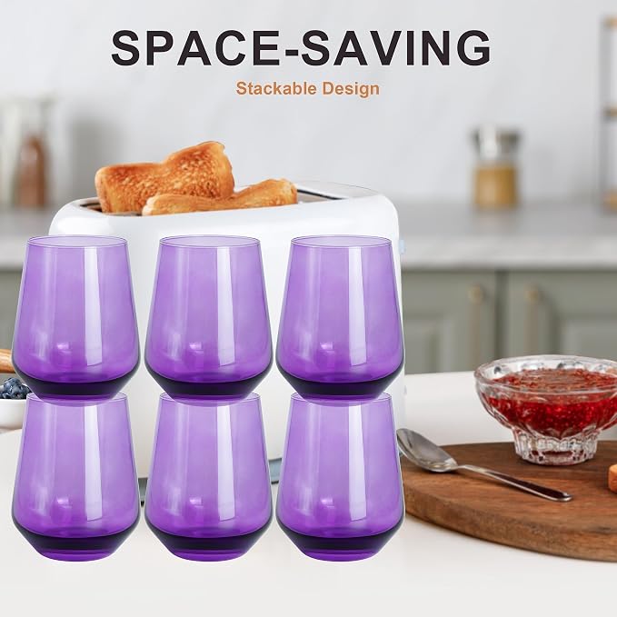 Purple Stemless Wine Glasses Set of 6, 15oz Drinking Glassware Dishwasher Safe, Wine Glass Tumblers for Red or White, Gift for Party, Holiday, Anniversary, Restaurant, Home Bar, Daily Use