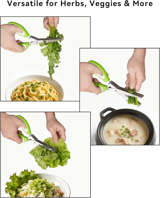 5 Blades Herb Scissors - Professional Kitchen Shears with Safety Cover for Cutting Green Onions, Fresh Herbs, Vegetables & Salad Food Prep, Must-Have Cooking Gadgets (Green, White, 8.7 inch)