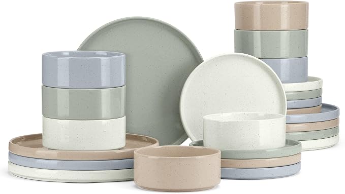 E-far Dinnerware Sets for 8, 24-Piece Stoneware Plates and Bowls Sets | Modern Kitchen Dining Dishware, Chip and Scratch Resistant, Microwave & Dishwasher Safe, Speckled Multicolor