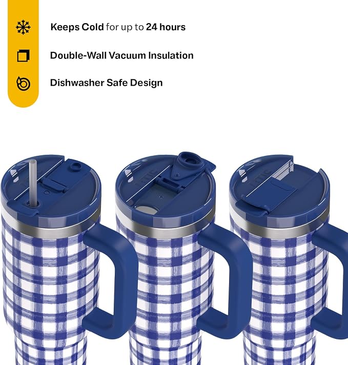 RTIC 40 oz Road Trip Tumbler Double-Walled Cermaic Lined Insulated Stainless Steel Portable Travel Coffee Mug Cup with Lid, Handle and Straw, Cobalt Gingham