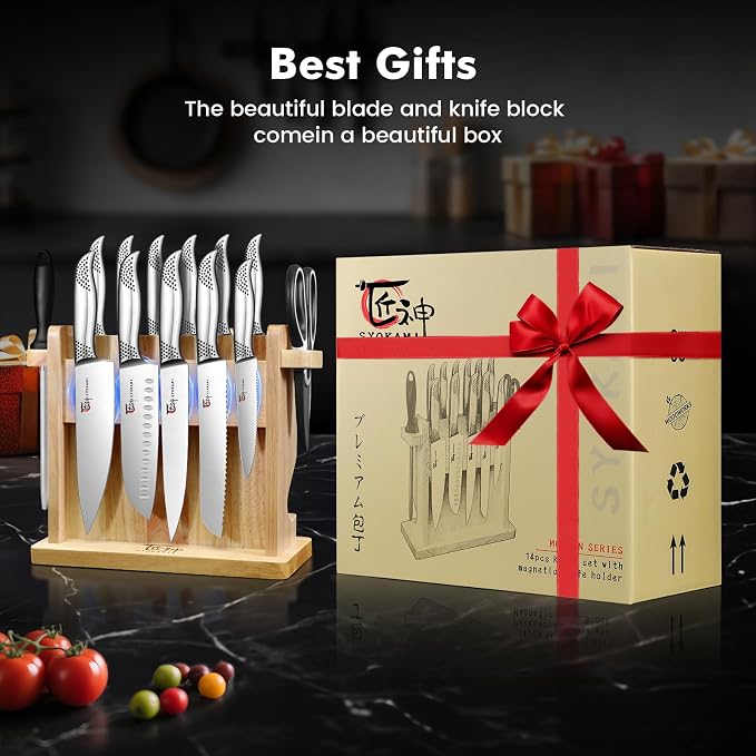 Japanese Knives Set for Kitchen, Magnetic Knife Set with Block and Sharpener, Stainless Steel Knife Set as Gift for Couple, Wedding, Women or Mom with Gift Box, 14 PCS Black Dot