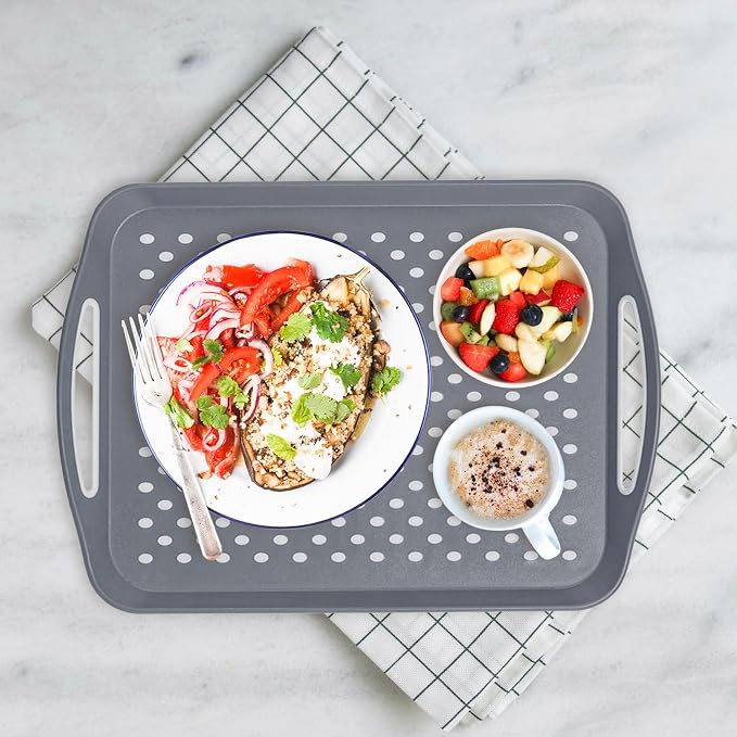 17.7" x 12.5" Anti-Slip Serving Trays with Handles, 3 Pcs X-Large Rectangular Food Serving Tray for Lap, Food Trays for Eating on Couch, Reusable and Durable, Grey